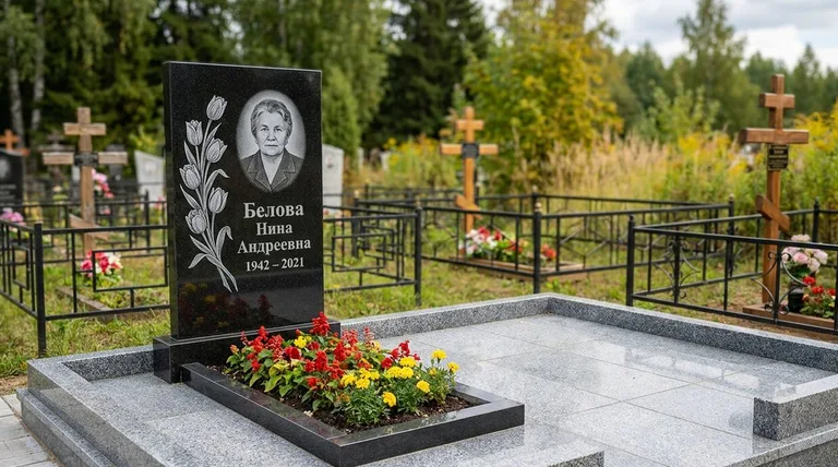 Памятник с гравировкой тюльпанов — выполненная работа «Белова» в Новокузнецке