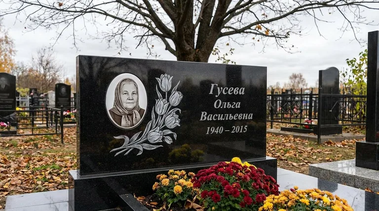 Памятник с гравировкой тюльпанов — выполненная работа «Гусева» в Новокузнецке