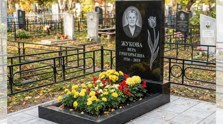 Памятник с гравировкой тюльпанов — выполненная работа «Жукова» в Новокузнецке