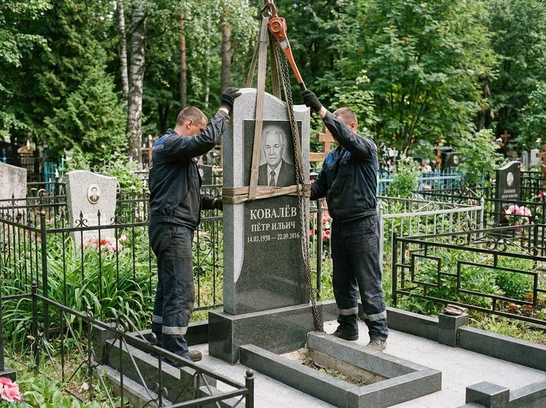 Демонтаж памятника на кладбище в Новокузнецке — бригада аккуратно снимает старый гранитный памятник с могилы