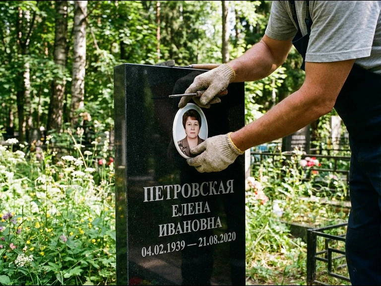 Фото на керамике на памятник в Новокузнецке — мастер устанавливает овальный керамический портрет на гранитный памятник