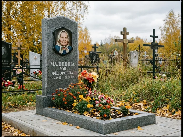 Чёрно-белый керамический портрет на памятнике в Новокузнецке