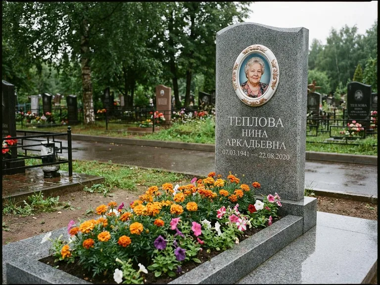 Керамический портрет на памятнике с цветами в Новокузнецке