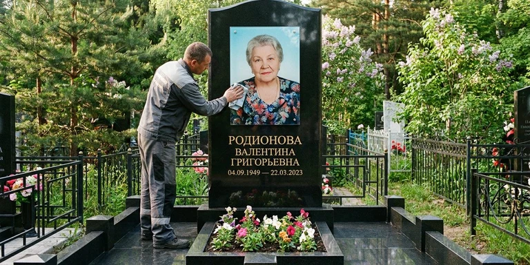 Фотокерамика и печать фото на памятник в Новокузнецке — мастер устанавливает цветной портрет на стекле на гранитный памятник