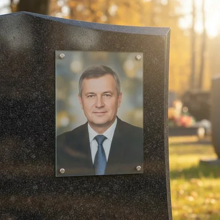 Портрет на стекле на держателях на чёрном граните в Новокузнецке