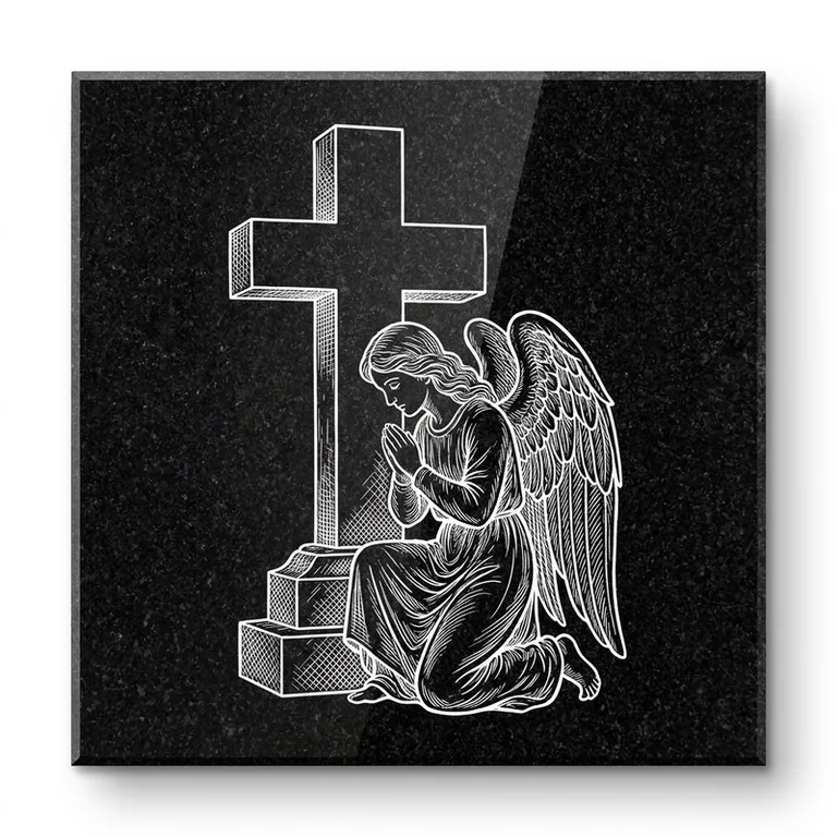 Эскиз гравировки ангела на памятник — коленопреклонённый ангел у креста в Новокузнецке