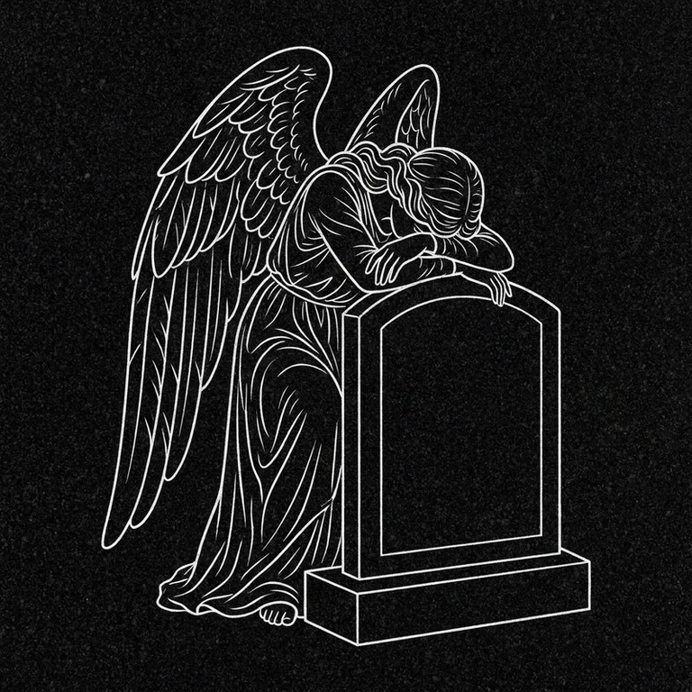 Эскиз гравировки ангела на памятник — печальный ангел у плиты в Новокузнецке