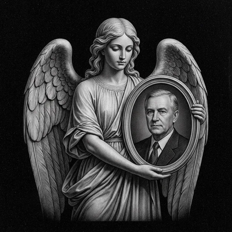 Эскиз гравировки ангела на памятник — объёмный ангел с портретом в Новокузнецке