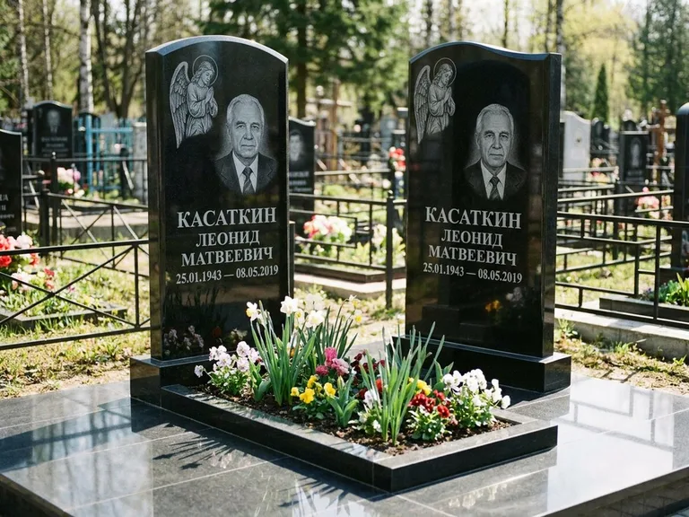Памятник с гравировкой ангела — гравировка молящегося ангела в верхней части стелы, работа «Касаткин» в Новокузнецке