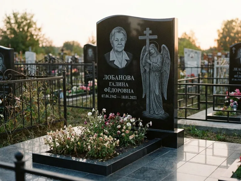 Памятник с гравировкой ангела — гравировка ангела с крестом рядом с эпитафией, работа «Лобанова» в Новокузнецке