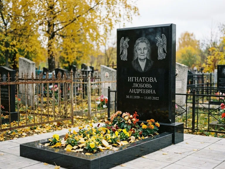 Памятник с гравировкой ангела — гравировка двух ангелов по сторонам портрета, работа «Игнатова» в Новокузнецке