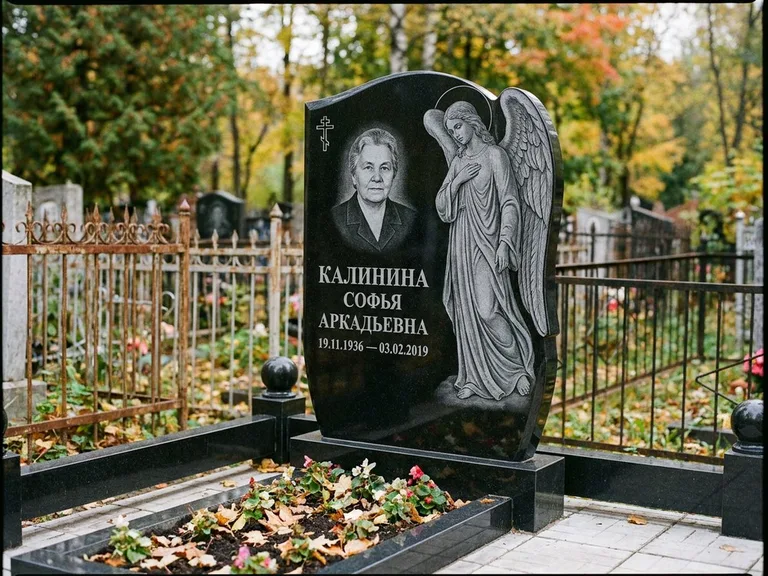 Памятник с гравировкой ангела — гравировка ангела с крестом рядом с эпитафией, работа «Игнатова» в Новокузнецке