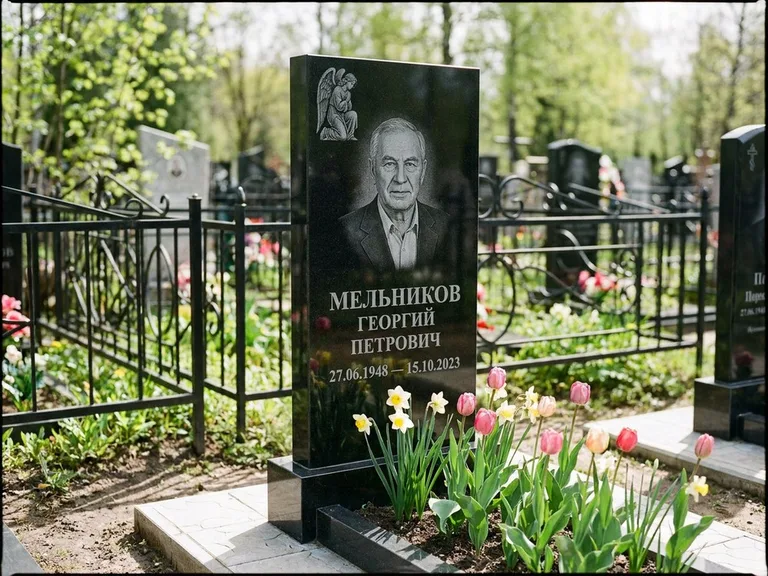 Памятник с гравировкой ангела — гравировка ангела с голубем по диагонали стелы, работа «Доронин» в Новокузнецке