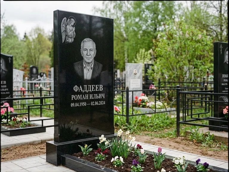 Памятник с гравировкой ангела — гравировка молящегося ангела в верхней части стелы, работа «Фаддеев» в Новокузнецке