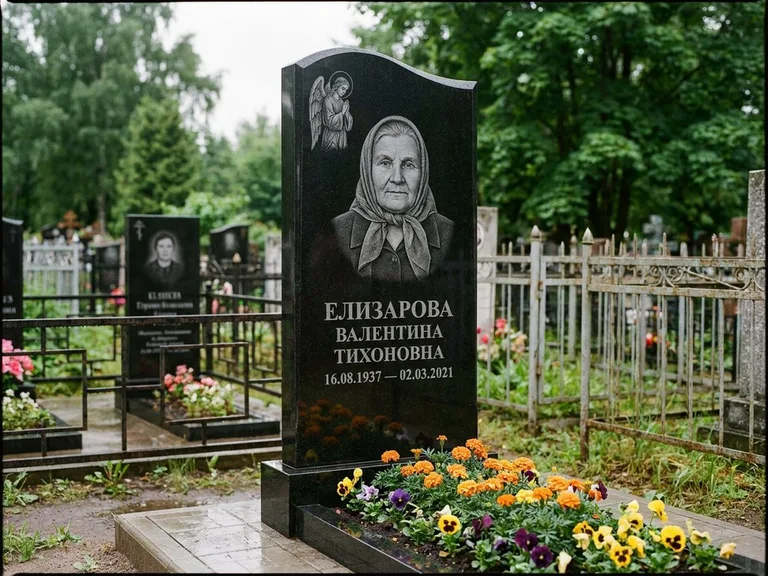 Памятник с гравировкой ангела — гравировка ангела с голубем по диагонали стелы, работа «Пантелеева» в Новокузнецке