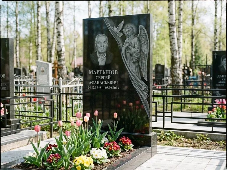Памятник с гравировкой ангела — гравировка двух ангелов по сторонам портрета, работа «Касаткин» в Новокузнецке