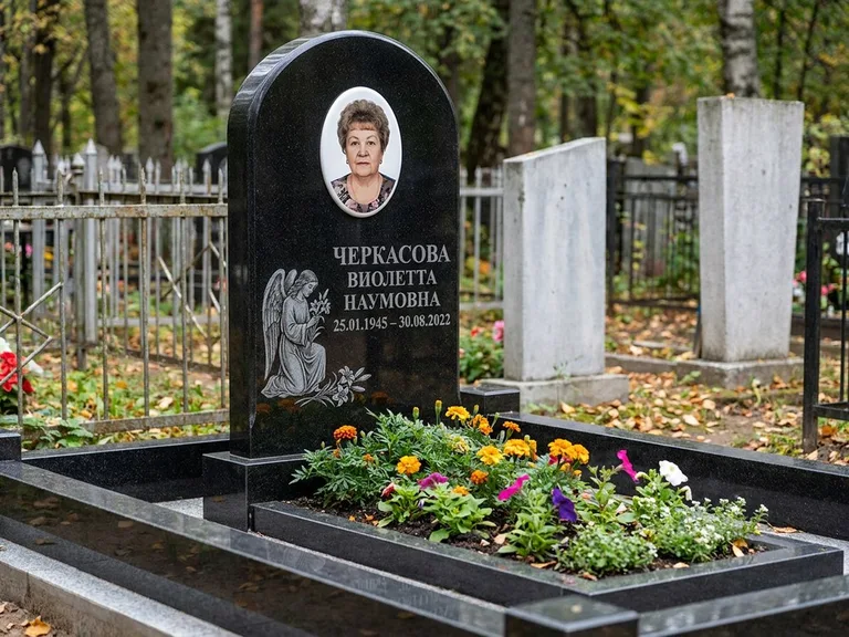 Памятник с гравировкой ангела — гравировка ангела с крестом рядом с эпитафией, работа «Журавлёва» в Новокузнецке