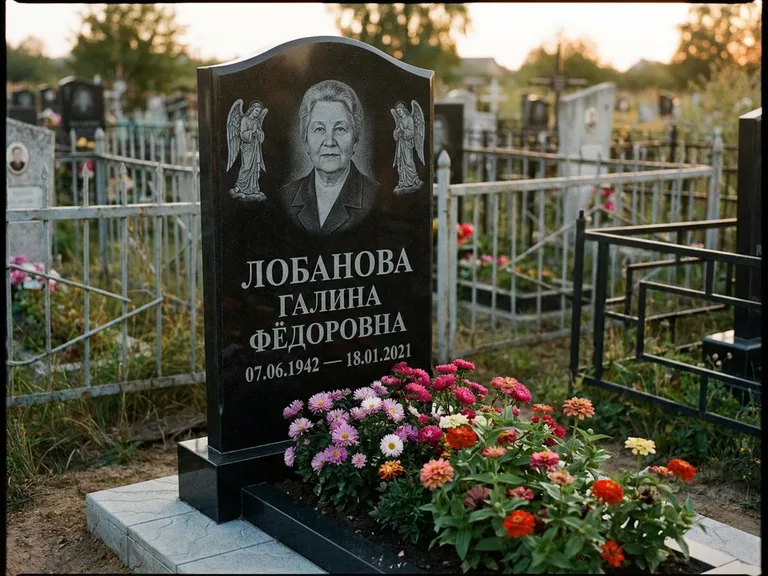 Памятник с гравировкой ангела — гравировка двух ангелов по сторонам портрета, работа «Лобанова» в Новокузнецке