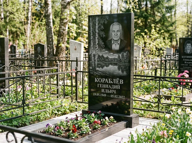 Памятник с гравировкой берёзы — гравировка берёзы у зеркального озера, работа «Кораблёв» в Новокузнецке