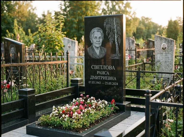 Памятник с гравировкой берёзы — гравировка плакучей берёзы с тонкими ветвями, работа «Светлова» в Новокузнецке
