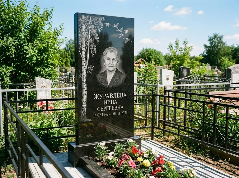 Памятник с гравировкой берёзы — гравировка берёзы с журавлиным клином в небе, работа «Журавлёва» в Новокузнецке