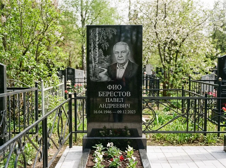 Памятник с гравировкой берёзы — гравировка берёзы у тропинки, уходящей вдаль, работа «Берестов» в Новокузнецке