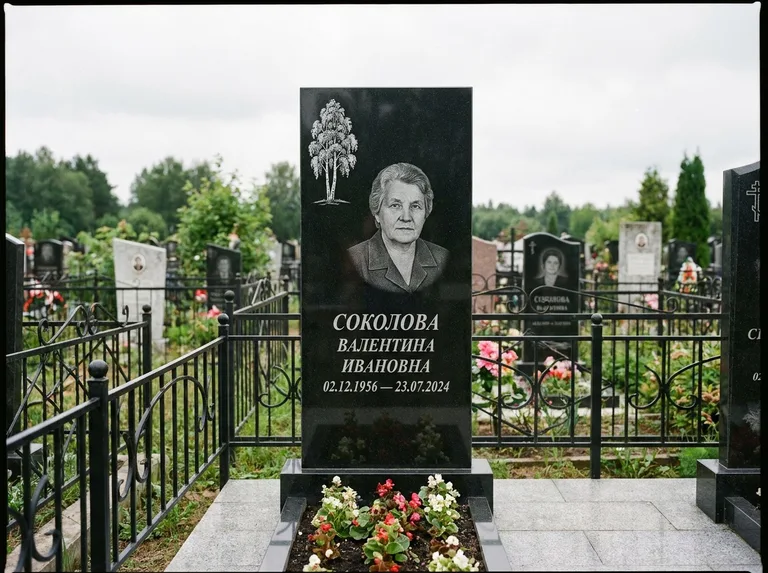 Памятник с гравировкой берёзы — гравировка одинокой берёзы над именем, работа «Соколова» в Новокузнецке