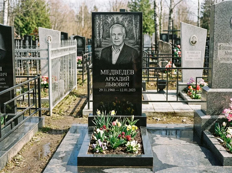 Памятник с гравировкой берёзы — гравировка берёзовой рощи в глубину, работа «Медведев» в Новокузнецке