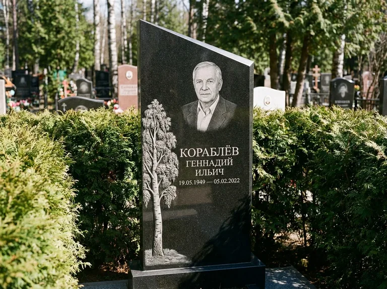 Памятник с гравировкой берёзы: асимметричная скошенная стела — объёмная одинокая берёза с фактурной корой, живая изгородь из туи, работа «Кораблёв» в Новокузнецке