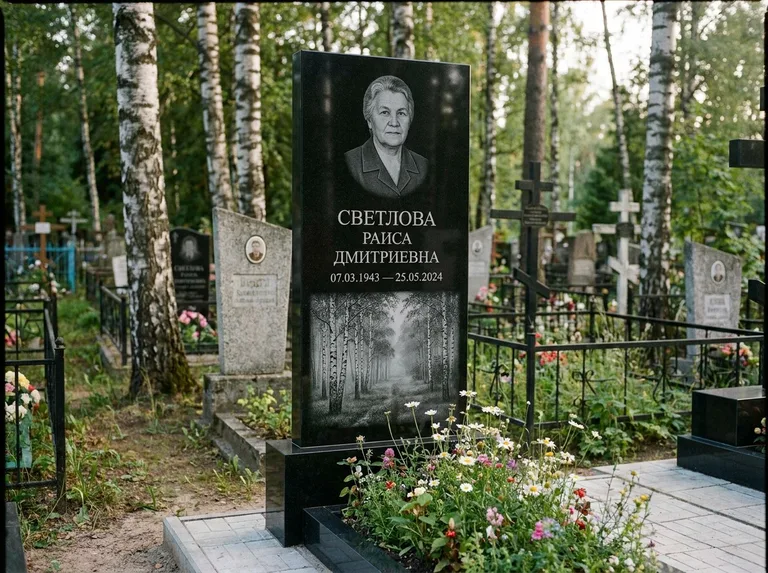 Памятник с гравировкой берёзы: двойная семейная стела — берёзовая роща в лёгкой дымке, цветник с полевыми цветами, работа «Светлова» в Новокузнецке