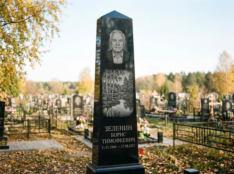 Памятник с гравировкой берёзы: гранёный обелиск-колонна — берёза у воды с отражением, открытый участок, мягкий свет, работа «Зеленин» в Новокузнецке