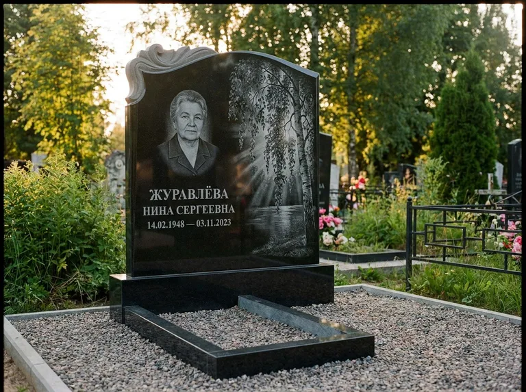 Памятник с гравировкой берёзы: стела с фигурным резным верхом — плакучая берёза в контровом свете, гравийная отсыпка, рассвет, работа «Журавлёва» в Новокузнецке
