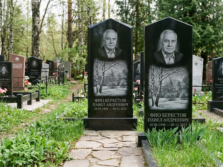 Памятник с гравировкой берёзы: массивная стела с двускатным навершием — зимняя берёза, снег на ветвях, дорожка из природного плитняка, работа «Берестов» в Новокузнецке