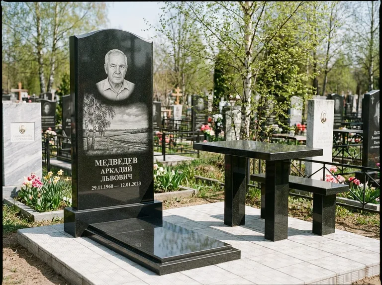 Памятник с гравировкой берёзы: стела с гранитным столиком и скамьёй — берёза у поля, простор до горизонта, семейный участок с плиткой, работа «Медведев» в Новокузнецке