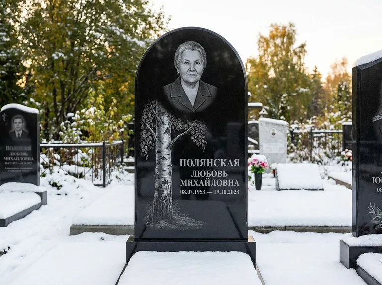 Памятник с гравировкой берёзы: полукруглая стела — объёмная одинокая берёза с фактурной корой, заснеженный зимний участок, работа «Полянская» в Новокузнецке