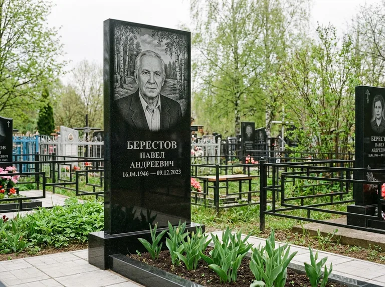 Памятник с гравировкой берёзы — гравировка берёзовой рощи в глубину, работа «Берестов» в Новокузнецке