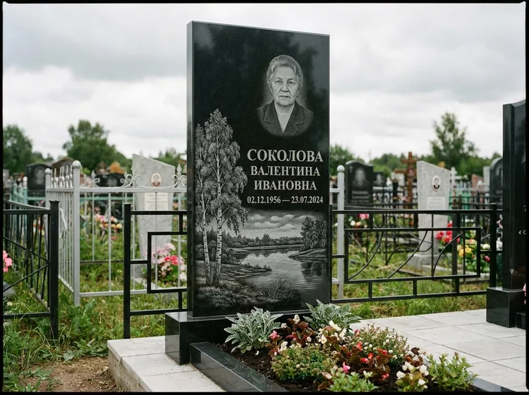 Памятник с гравировкой берёзы — гравировка берёзы у зеркального озера, работа «Соколова» в Новокузнецке