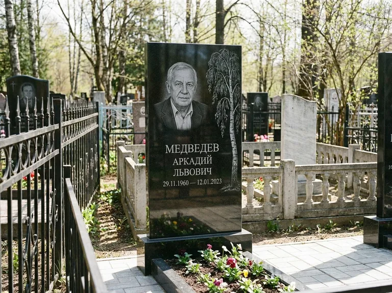 Памятник с гравировкой берёзы — гравировка плакучей берёзы с тонкими ветвями, работа «Медведев» в Новокузнецке