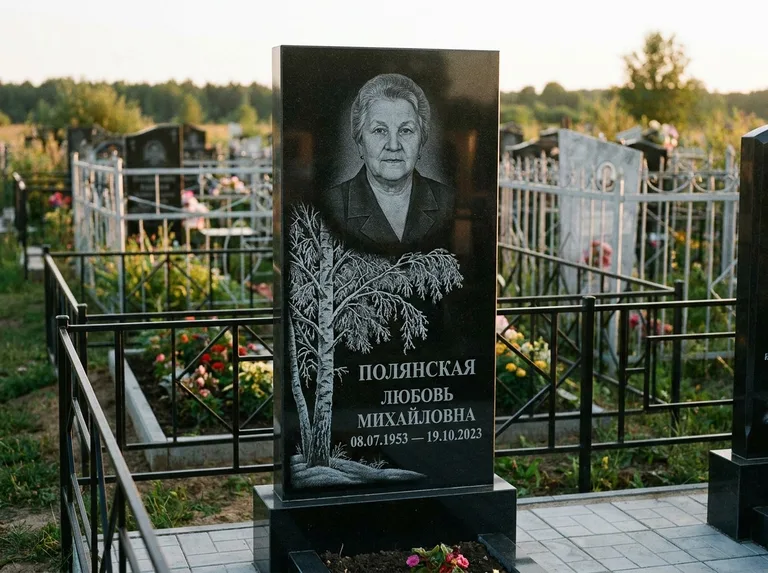 Памятник с гравировкой берёзы — гравировка зимней берёзы в инее, работа «Полянская» в Новокузнецке