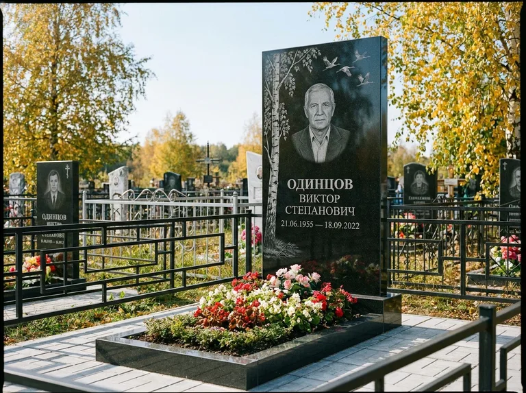 Памятник с гравировкой берёзы — гравировка берёзы с журавлиным клином в небе, работа «Одинцов» в Новокузнецке