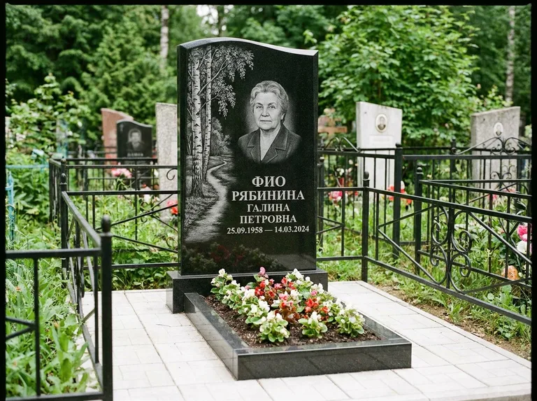 Памятник с гравировкой берёзы — гравировка берёзы у тропинки, уходящей вдаль, работа «Рябинина» в Новокузнецке
