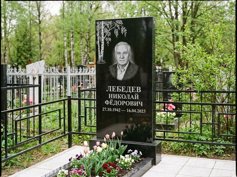 Памятник с гравировкой берёзы — гравировка одинокой берёзы над именем, работа «Лебедев» в Новокузнецке