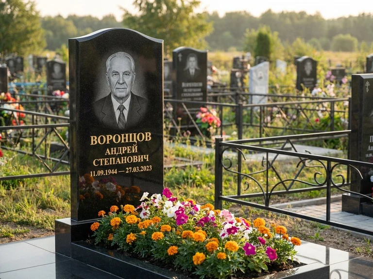 Гравировка фото на памятнике в Новокузнецке — готовый гравированный портрет на чёрном граните