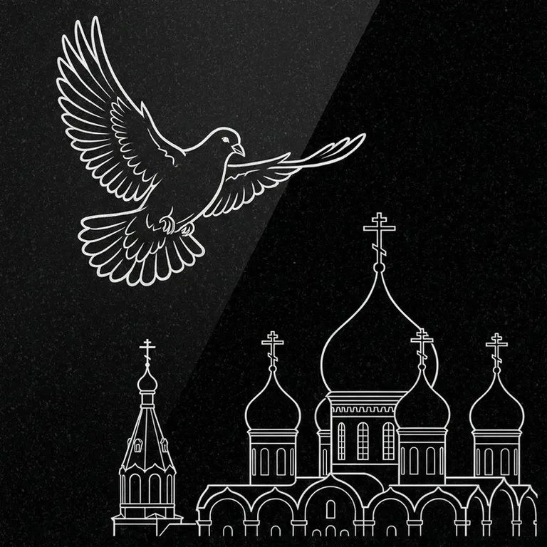 Эскиз гравировки голубей на памятник — голубь в небе над храмом в Новокузнецке