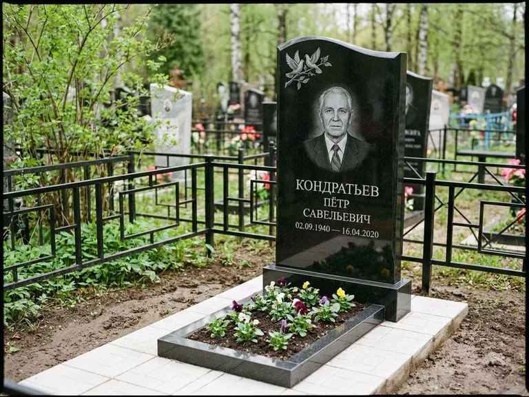 Памятник с гравировкой голубей — гравировка пары голубей на ветке в верхнем углу стелы, работа «Кондратьев» в Новокузнецке