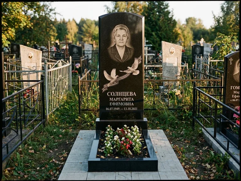 Памятник с гравировкой голубей — гравировка двух летящих голубей с лентой по диагонали стелы, работа «Солнцева» в Новокузнецке