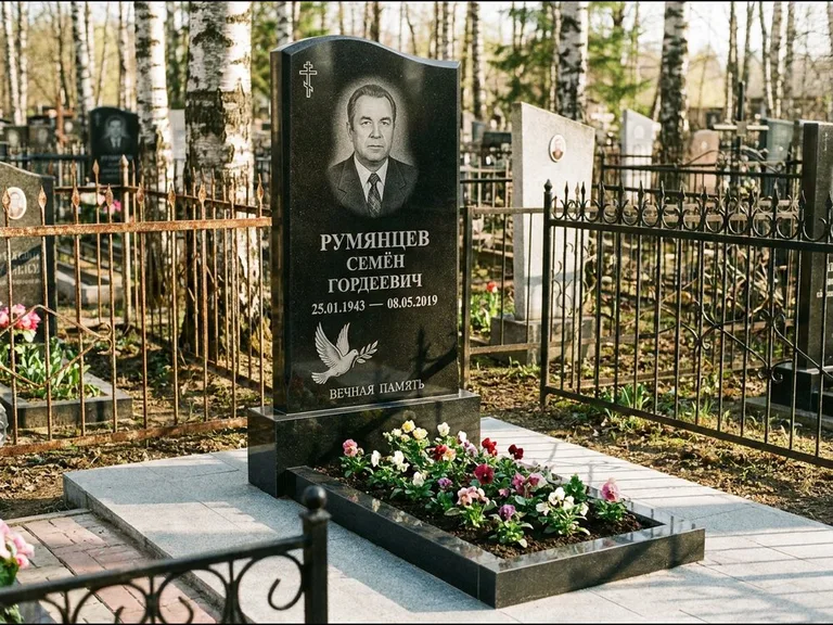 Памятник с гравировкой голубей — гравировка голубя с оливковой ветвью рядом с эпитафией, работа «Румянцев» в Новокузнецке