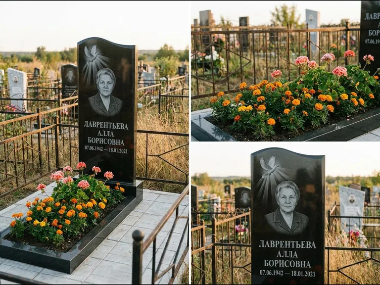 Памятник с гравировкой голубей — гравировка голубя в лучах света над портретом, работа «Лаврентьева» в Новокузнецке