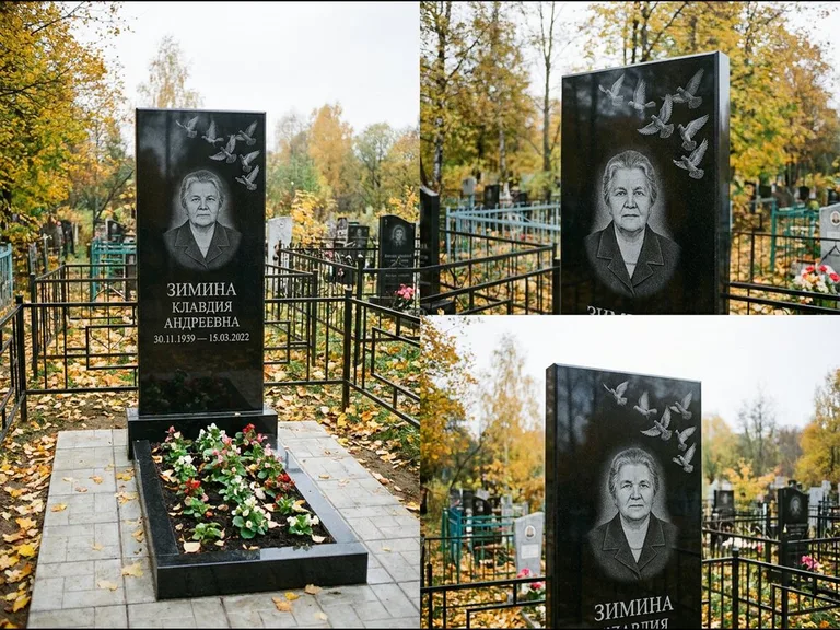 Памятник с гравировкой голубей — гравировка стаи голубей, взлетающей от угла стелы, работа «Зимина» в Новокузнецке