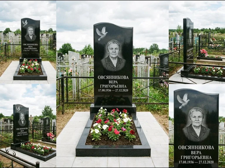 Памятник с гравировкой голубей — белая гравировка взлетающего голубя над портретом, работа «Овсянникова» в Новокузнецке